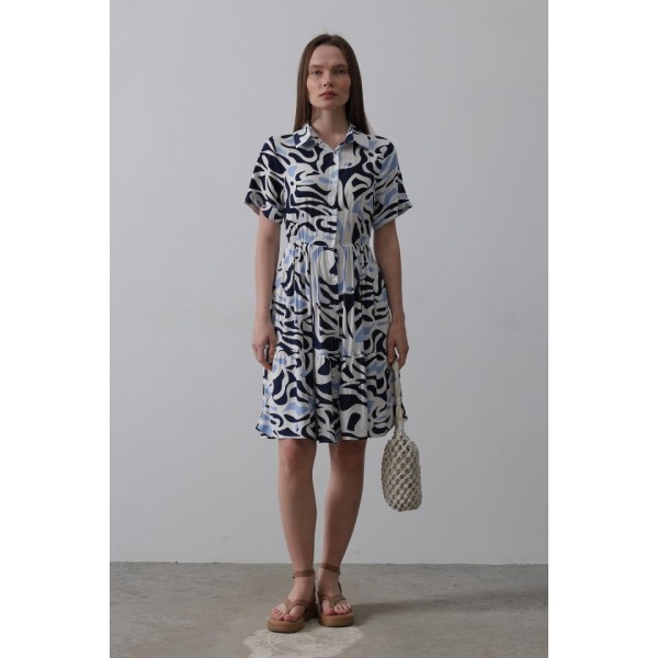 Baskılı Keten Elbise - Lacivert