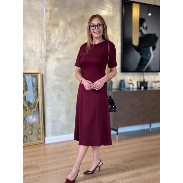 Kadın Kısa Kollu Bisiklet Yaka Midi Viskon Iki Iplik Elbise