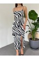 Kadın Zebra Baskılı Omuz Askılı Sırt Dekolteli Yırtmaç Detay Elbise