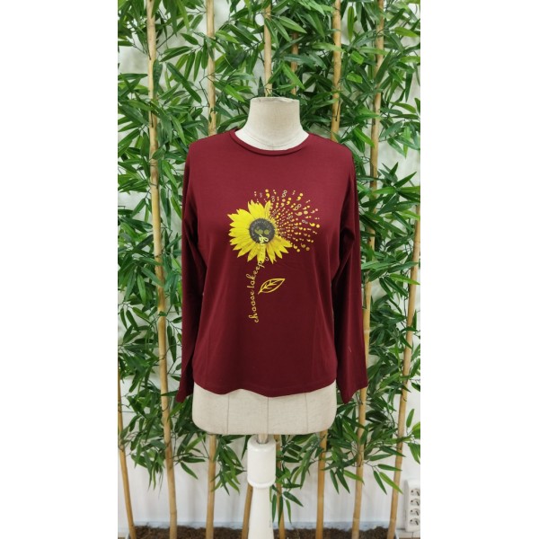 Kadın Uzun Kollu Bisiklet Yaka Ayçiçeği Desenli Viskon Bluz