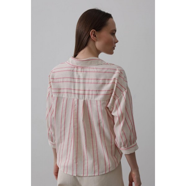 Çizgili Kısa Gömlek - Bej Pembe