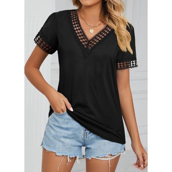 Kadın Kısa Kollu V Yaka Dantel Yakalı Viskon Bluz