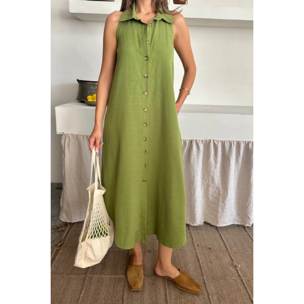 KETEN ÖNDEN DÜĞMELİ KOLSUZ GÖMLEK YAKA ELBİSE - Yağ Yeşili