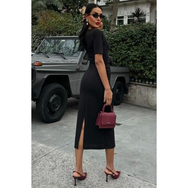 Beli Büzgülü Midi Elbise 2853