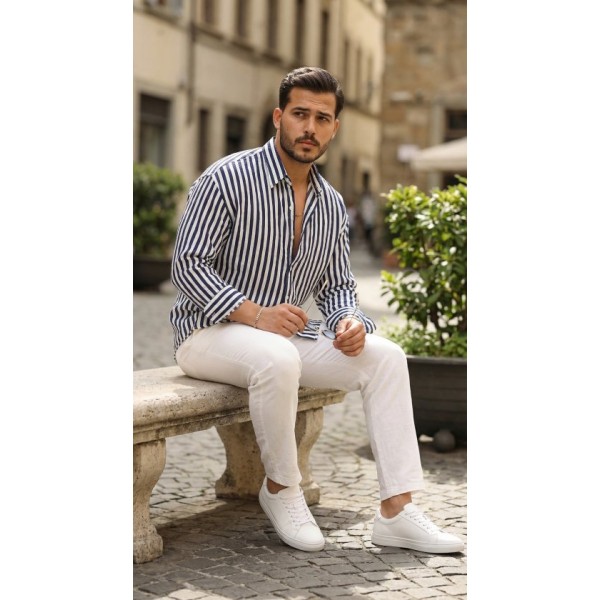 Erkek Dikey Çizgili Yarım Oversize Gömlek