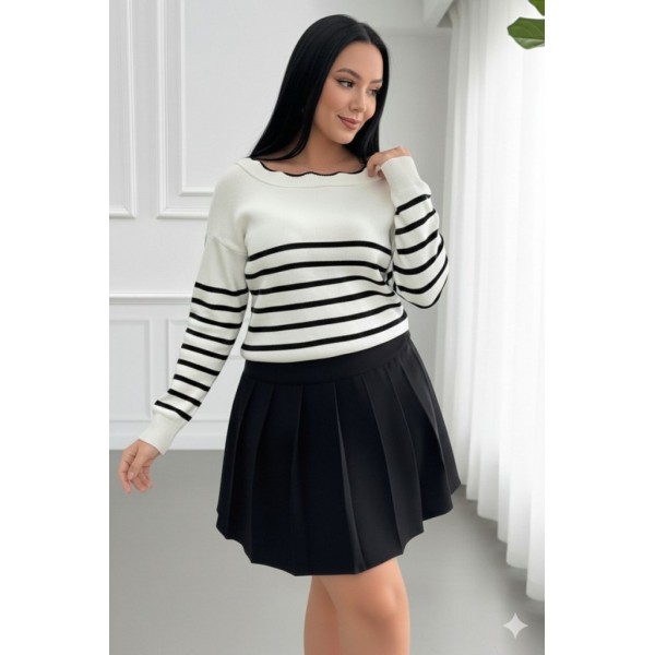 Kadın Beyaz Sırt Bağlama Detaylı çizgi Desen Triko Bluz