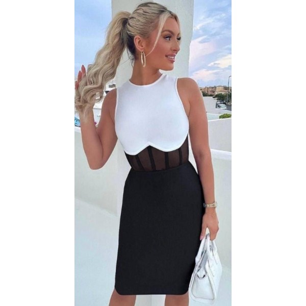 Kadın Bisiklet Yaka Kolsuz çift Renk Ve Bel Transparan Korse Detay Midi Boy Elbise