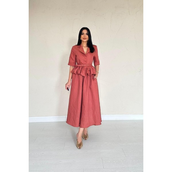 Moccah İnce Kemerli Fırfırlı Ceket Ve Büzgülü Etek Takım