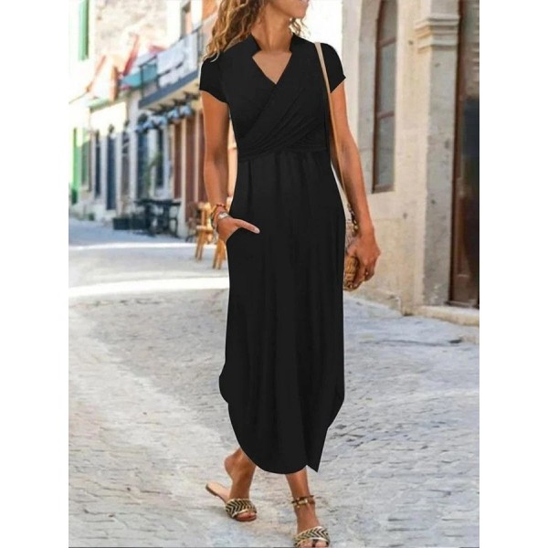 Kadın Kısa Kollu Hakim V Yaka Viskon Elbise