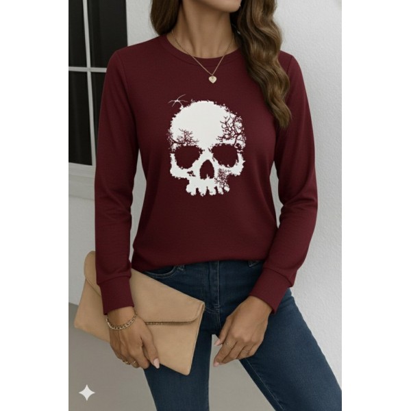 Kadın Uzun Kollu Bisiklet Yaka Kurukafa Desenli Viskon Bluz