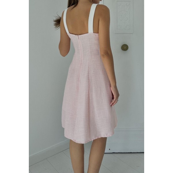 Pudra Ekru Süs Cepli Askılı Elbise