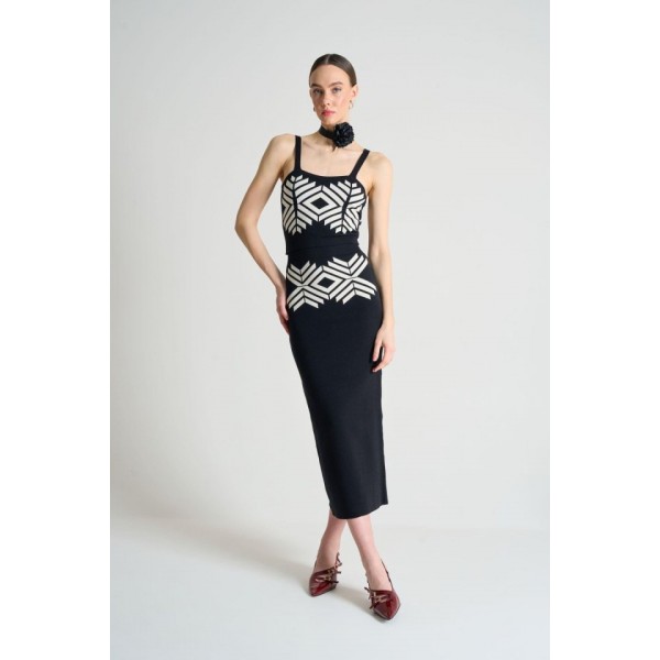 Jakarlı İnce AskılıTriko Takım - Siyah-Beyaz Kayısı