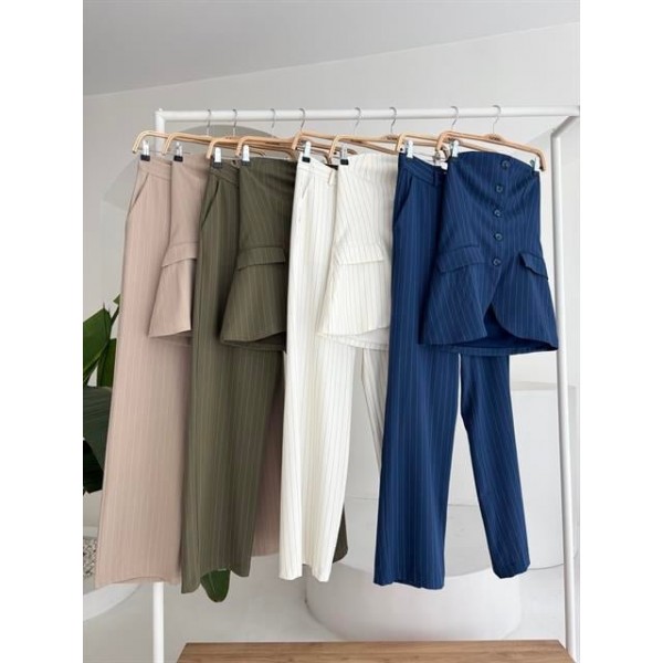 Straplez Büstiyerli Plazzo Pantolonlu Çizgili Takım 10151
