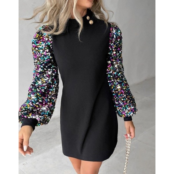 Kadın Uzun Kollu Balıkçı Yaka Düğme Detay Renkli Pul Payet Kol Scuba Krep Elbise