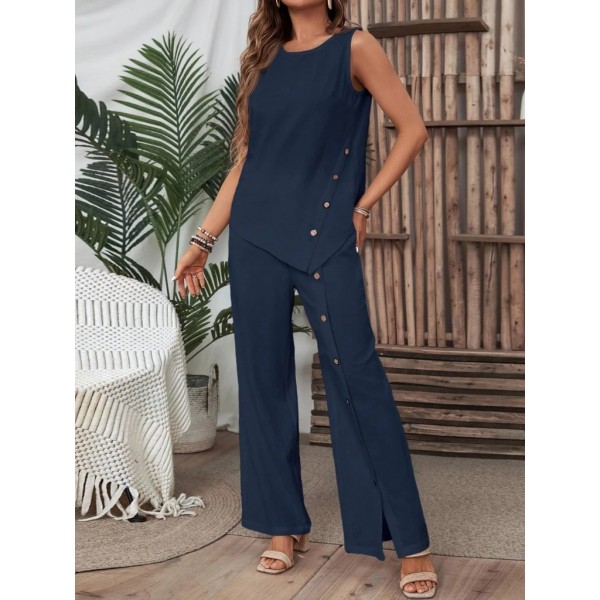 Kadın Kolsuz Düğmeli Asimetrik Detaylı Bürümcük Bluz Ve Pantolon Takım