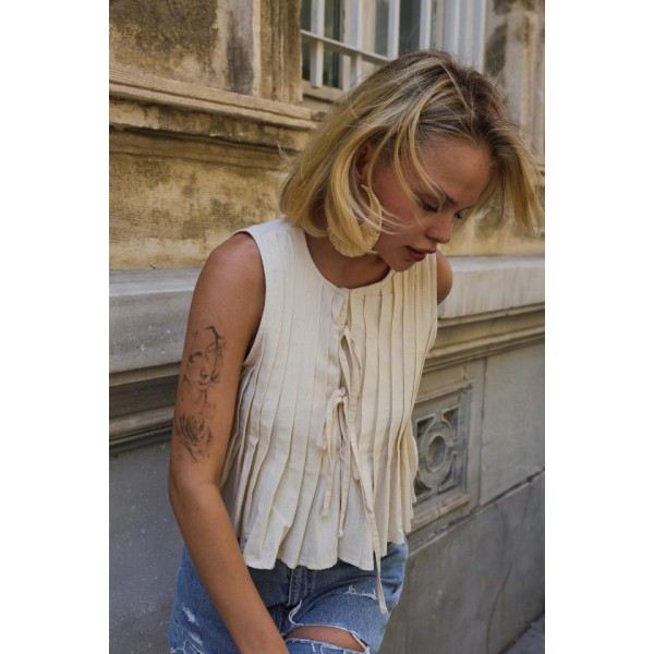 Pileli Bağlamlı Bluz - Natür