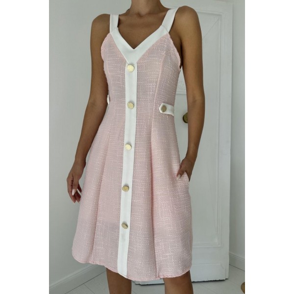 Pudra Ekru Süs Cepli Askılı Elbise