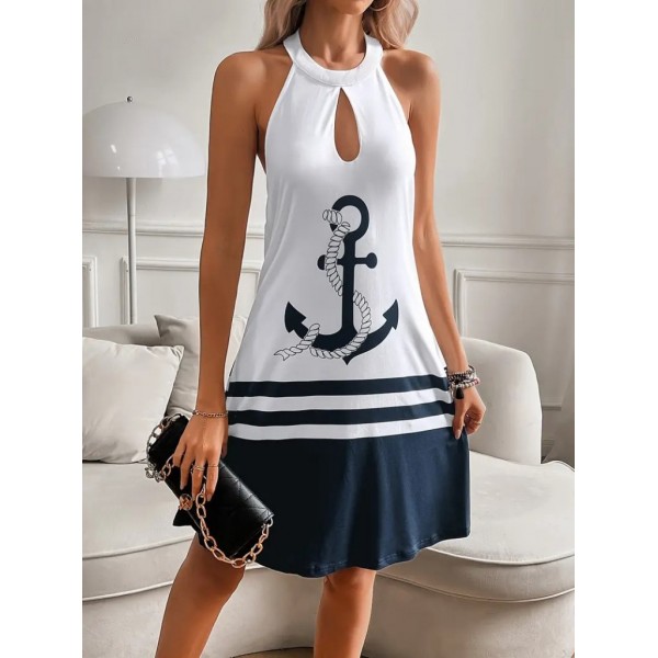 Kadın Askılı çıpa Baskılı Sırtı Açık Kısa Süprem Elbise