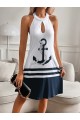 Kadın Askılı çıpa Baskılı Sırtı Açık Kısa Süprem Elbise