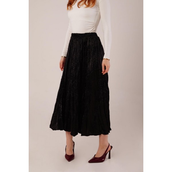 Midi Boy Pileli Saten Siyah Etek