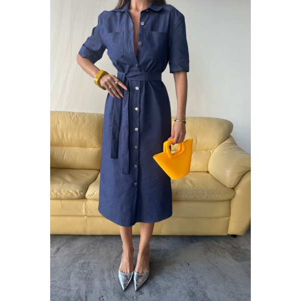 TENCEL ÖNDEN DÜĞMELİ KISA KOL ELBİSE - Mavi