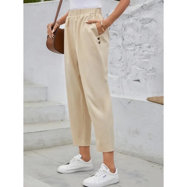 Kadın Yüksek Bel Yandan Cepli Düğme Detaylı Geniş Kesim Ithal Krep Pantolon