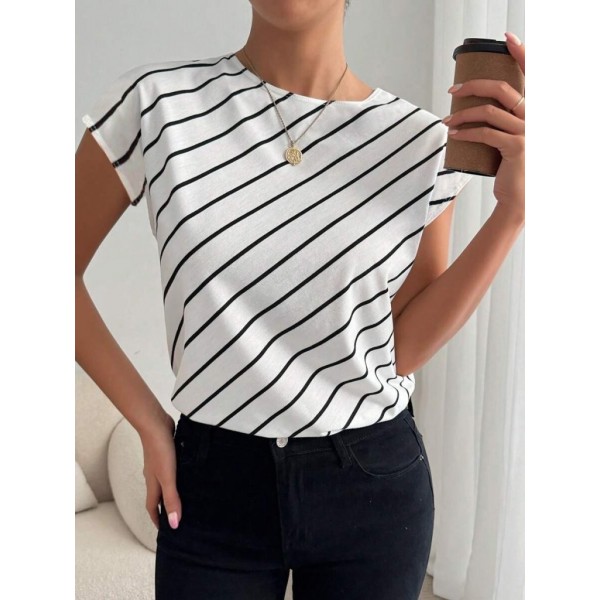 Kadın Kısa Yarasa Kollu Bisiklet Yaka çizgi Desenli Atlas Bluz