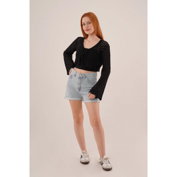 Ön Bağlamalı Ajurlu Crop Siyah Hırka