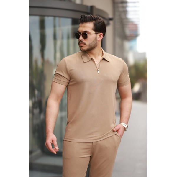 Erkek Yakalı Fermuarlı T-shirt Pantolon Ikili Rahat Takım