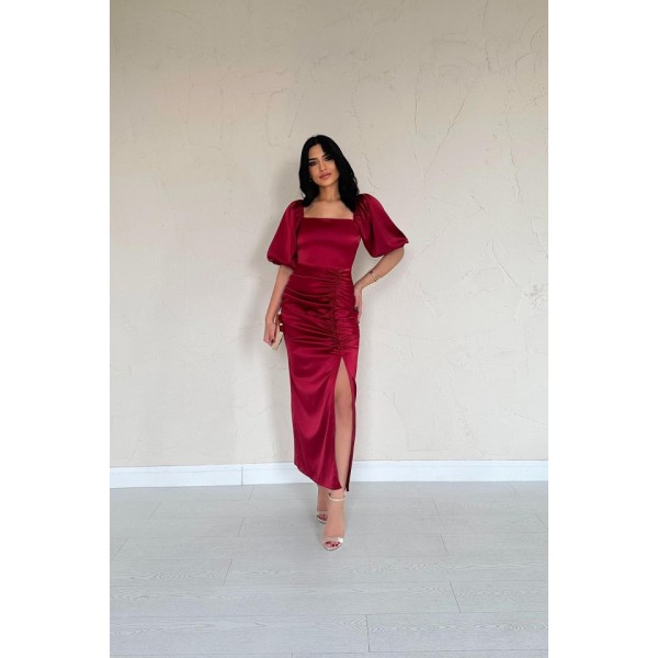 Bordo Büzgülü Saten Elbise