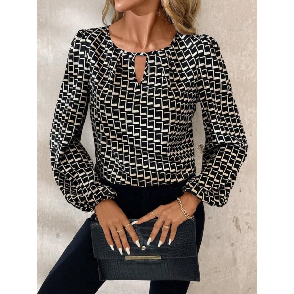 Kadın Uzun Kollu Damla Detaylı Yaka Desenli Süprem Bluz