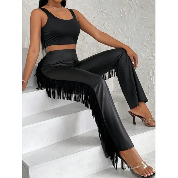 Kadın Yüksek Bel Yanlardan Püsküllü Deri Pantolon