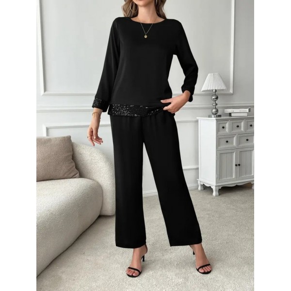 Kadın Uzun Kollu Bisiklet Yaka Pulpayetli Viskon Iki Iplik Bluz Ve Pantolon Ikili Takım