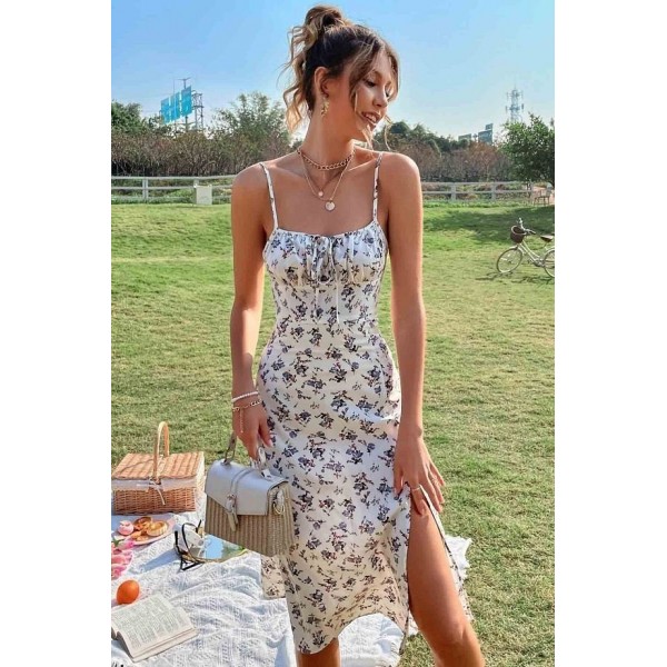 Kadın Ip Askılı Yakadan Bağcıklı Desenli Süprem Elbise