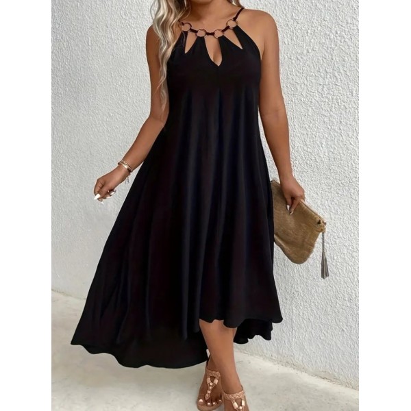 Kadın Boyundan Askılı Damla Detaylı Halkalı Asimetrik Kesim Viskon Elbise