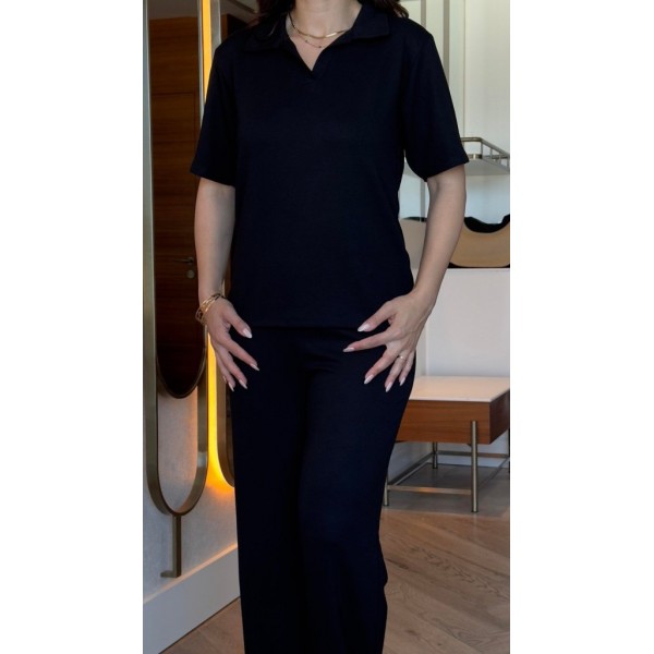 Kadın Kısa Kollu Yakalı Viskon Iki Iplik Bluz Ve Pantolon Ikili Takım