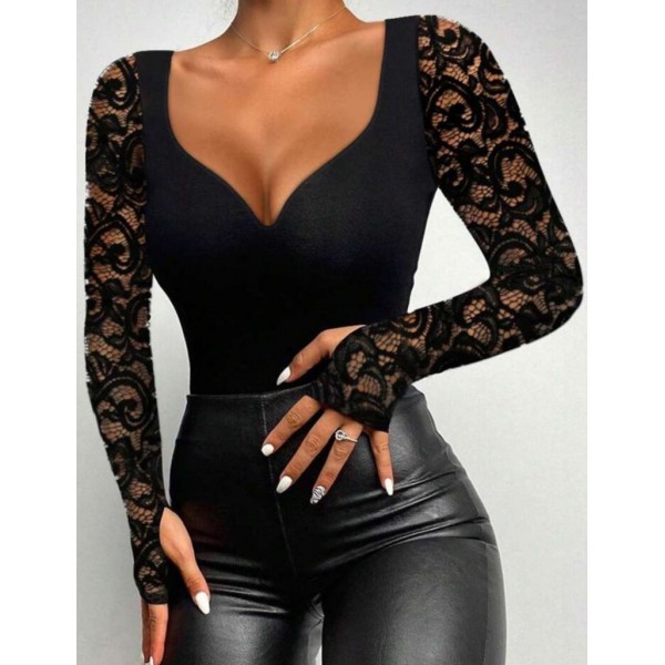 Kadın Uzun Kollu Dantelli Dekolte Detaylı Dalgıç Bluz