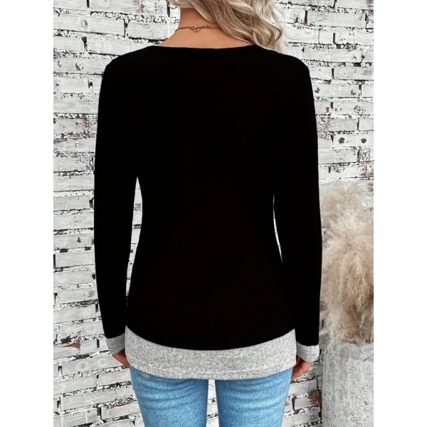 Kadın Uzun Kollu Yuvarlak Yaka Blok Renkli Yandan Düğmeli Viskon Bluz