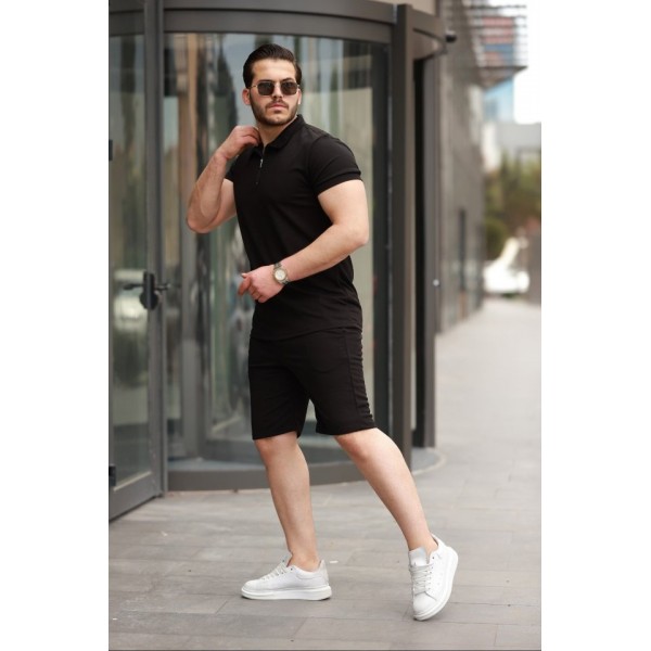 Erkek Yakalı Fermuarlı T-shirt şort Ikili Takım