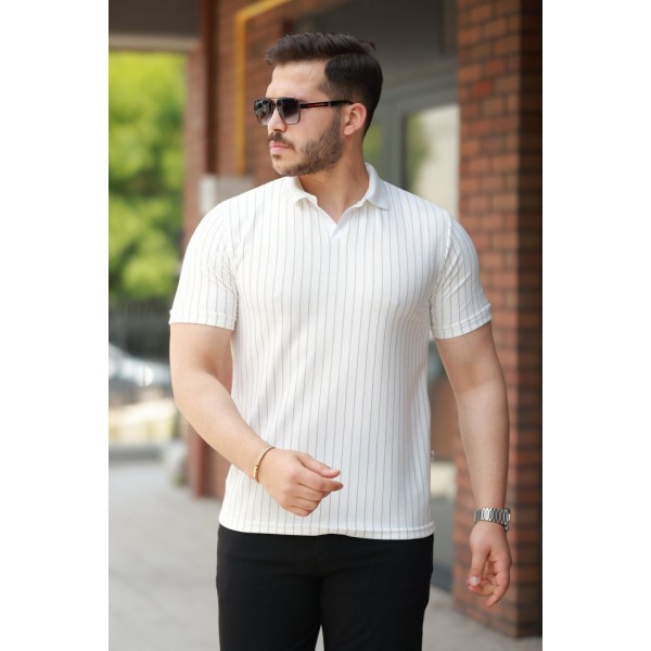 Erkek Yakalı çizgi Desenli Kısa Kollu Tişört