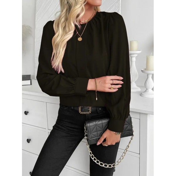 Kadın Uzun Kollu Bisiklet Yaka Pileli Ithal Krep Bluz