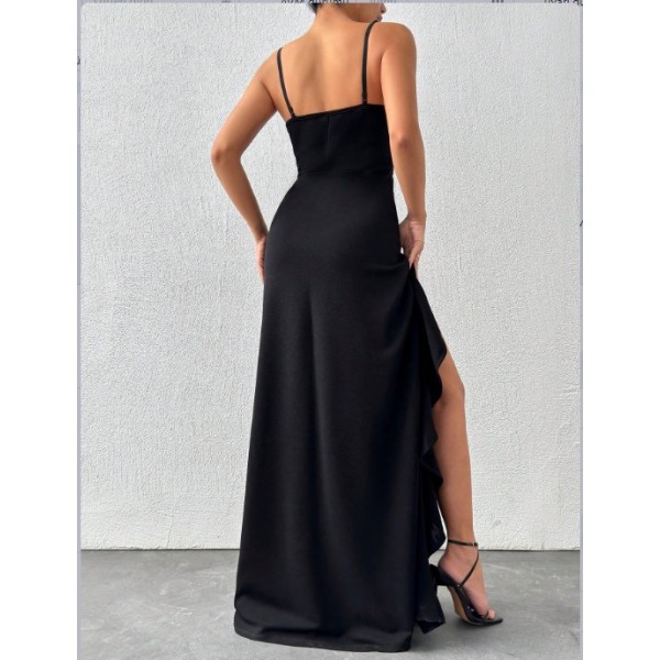 Kadın Ip Askılı Dekolteli Yırtmaç Detay Krep Elbise