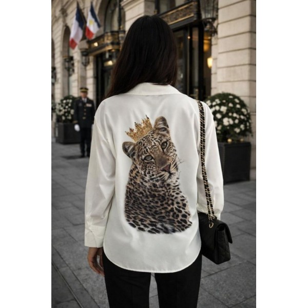Kadın Leopar Baskılı Taş Işlemeli Jessica Kumaş Gömlek