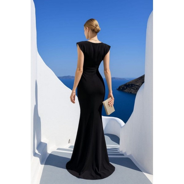 Kadın Dalgıç Kumaş V Yaka Fırfır Detaylı Maxi Boy Elbise