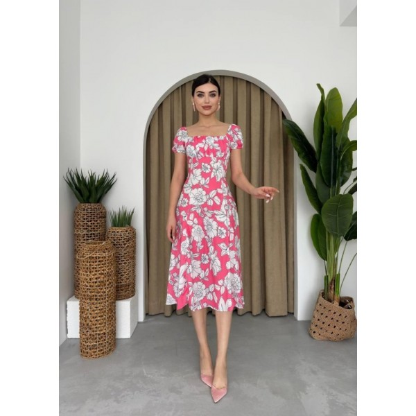 Kare Yaka Çiçekli Elbise