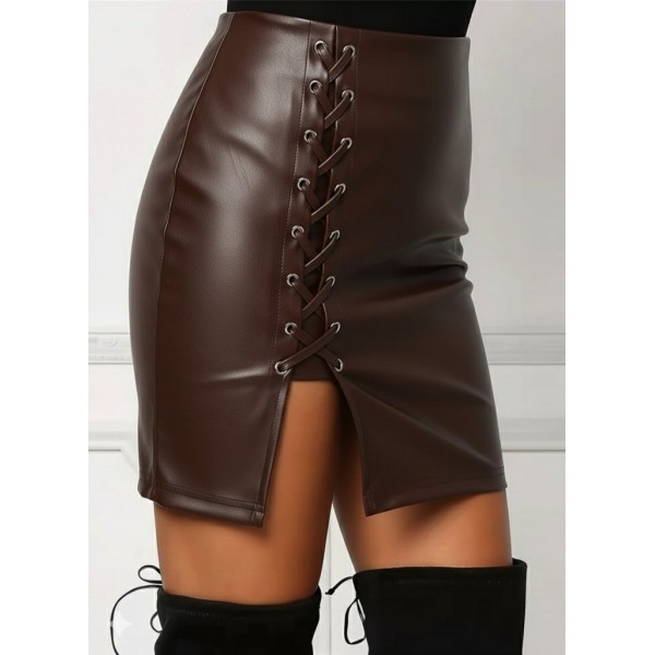 Kadın Yüksek Bel Yandan çapraz Bağcıklı Yırtmaçlı Mini Deri Etek