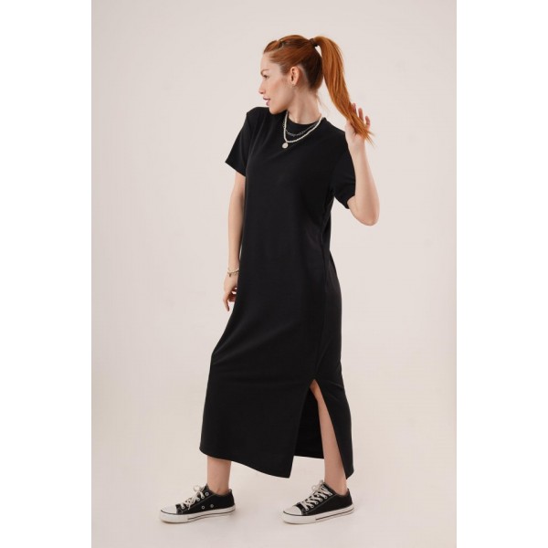 Yırtmaç Detaylı Kısa Kollu Salaş Maxi Siyah Elbise