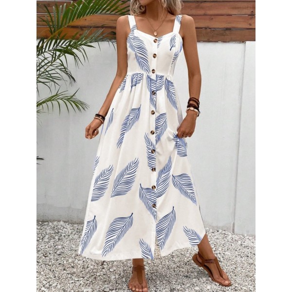 Kadın Askılı önden Düğmeli Yaprak Desenli Uzun Süprem Elbise