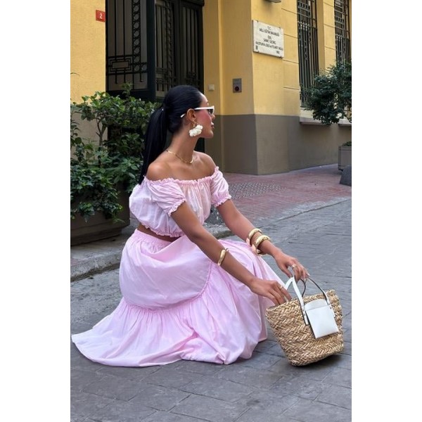 Büzgülü Crop Kat Detaylı Fırfır Etekli Takım 10196