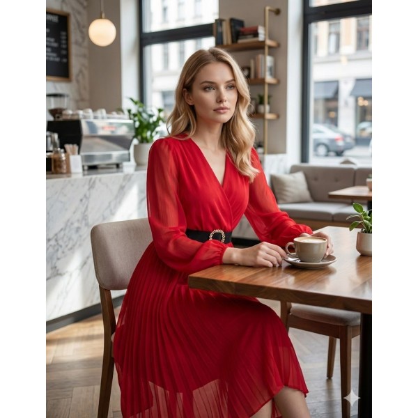 Kadın şifon Kumaş Astalı Kloş Kesim Kruvaze Yaka Midi Boy Elbise